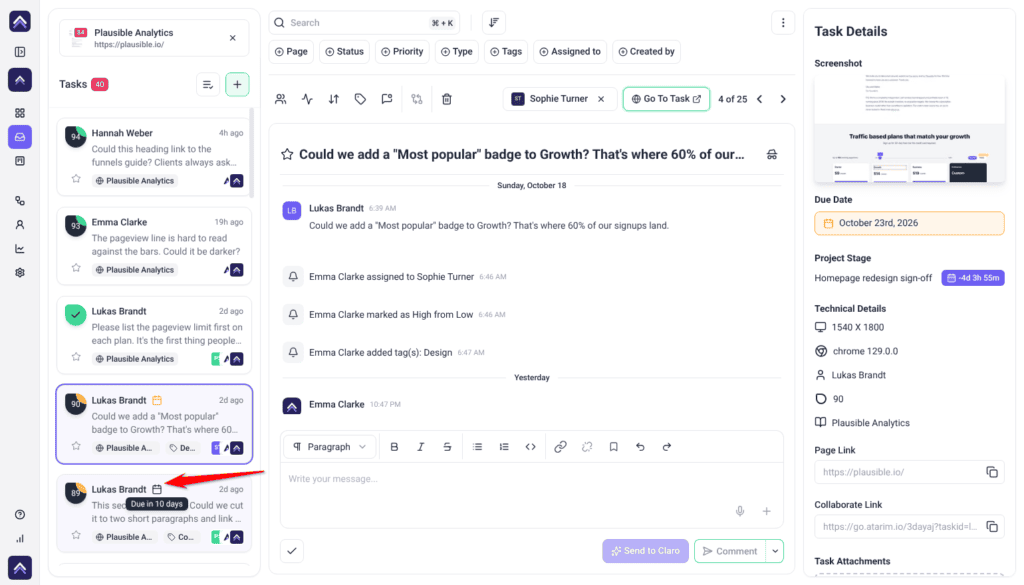 Inbox task card from Lukas Brandt with a gray due date icon and its tooltip reading Due in 10 days, with the arrow on the icon
