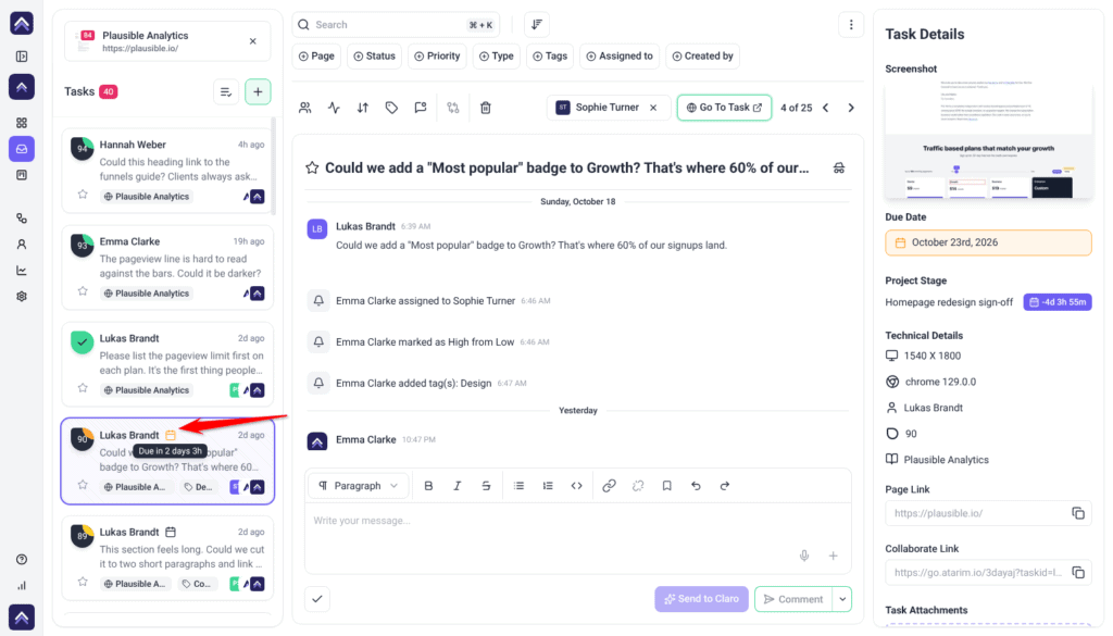 Inbox task card from Lukas Brandt with an orange due date icon and its tooltip reading Due in 2 days 3h, with the arrow on the icon