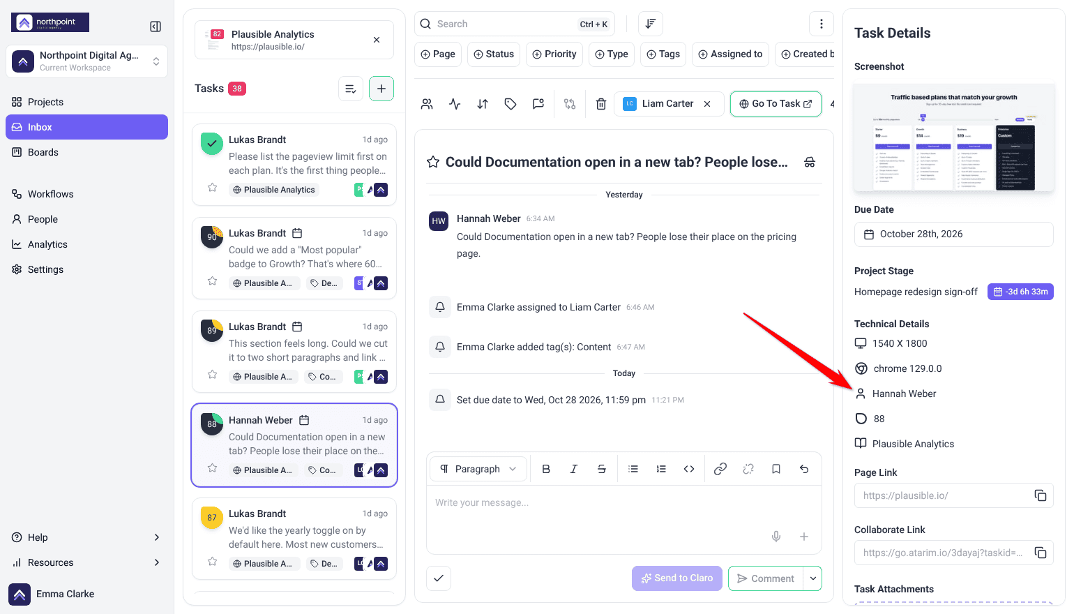 Inbox with a client's task open, its conversation in the center and Task Details on the right