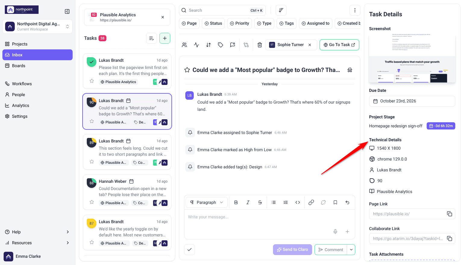 Inbox filtered to Plausible Analytics with a client task open beside its Task Details