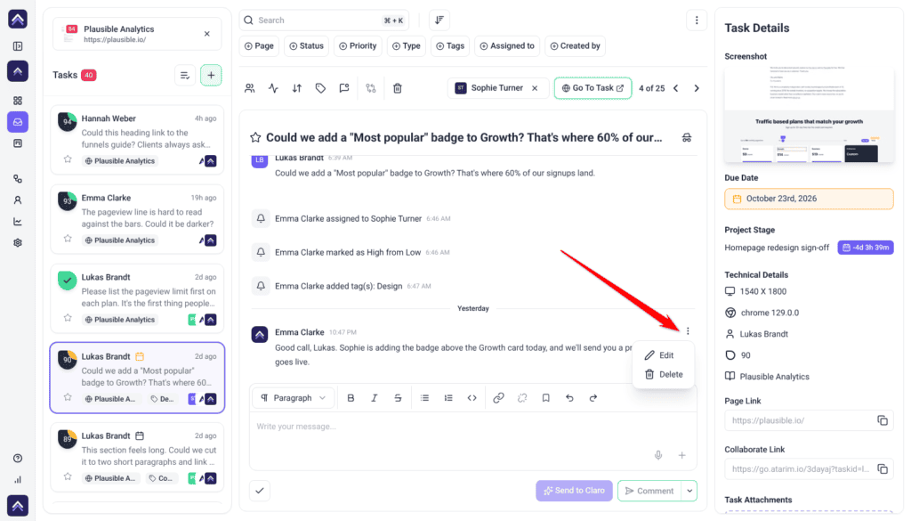 Actions menu open on Emma Clarke's reply in an Inbox task, showing Edit and Delete, with the arrow pointing at the menu button