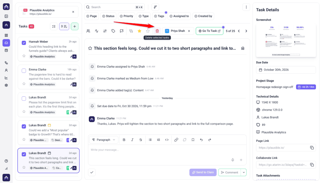 Inbox bulk toolbar with three tasks selected; the arrow points at the trash icon with its tooltip Delete selected tasks