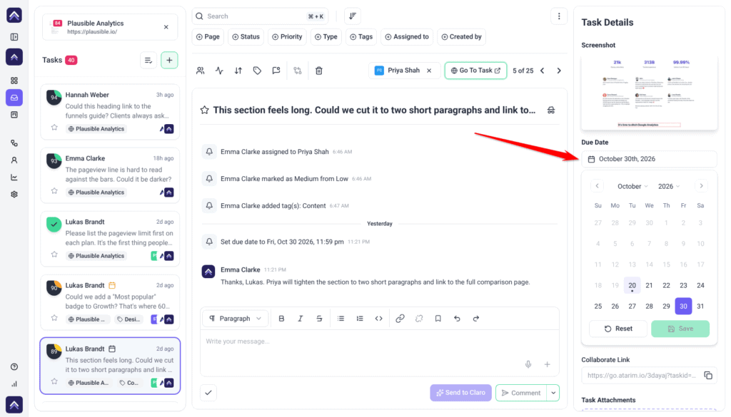 Inbox task with the Due Date calendar open, showing Reset and Save; the arrow points at the Due Date field