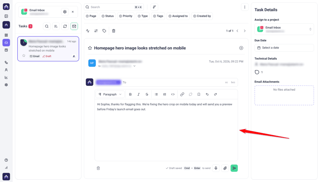 Email task in the Email Inbox project with the reply composer open and a reply typed, the red arrow pointing at the composer
