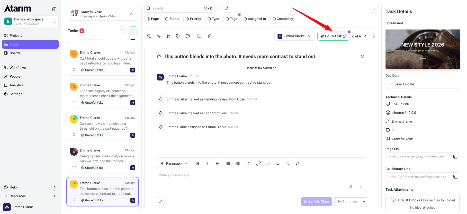 Inbox task on the Graceful Yoke WordPress project with the Go To Task button above the conversation