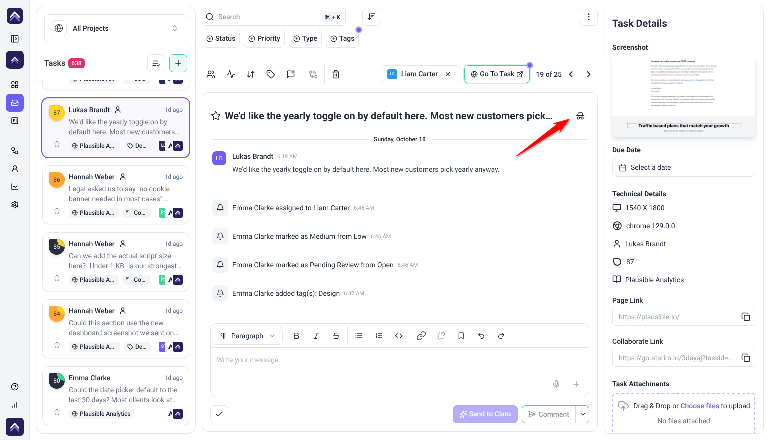 Inbox task with the control that hides the task from guests and clients