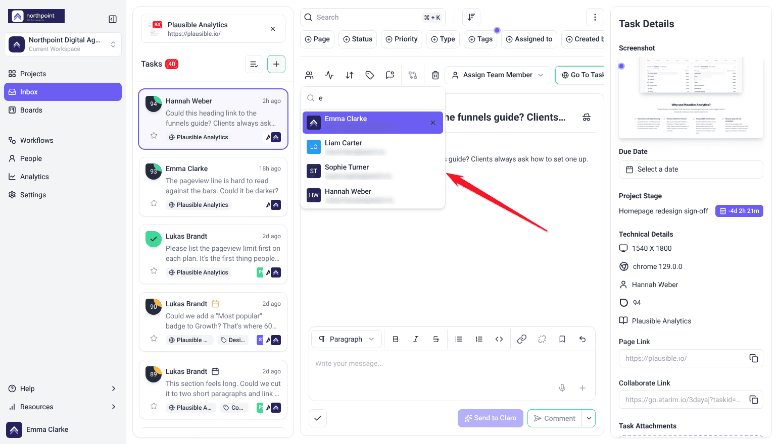 Inbox task with the notify list open and Emma Clarke already added, with the arrow on Sophie Turner
