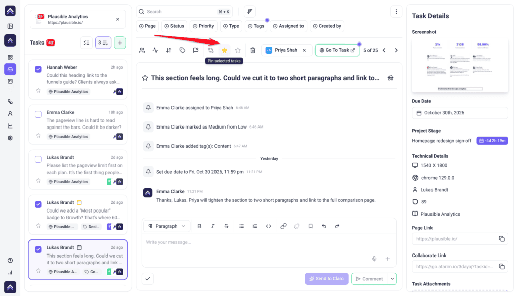 Inbox bulk toolbar with three tasks selected; the arrow points at the star with its tooltip Pin selected tasks