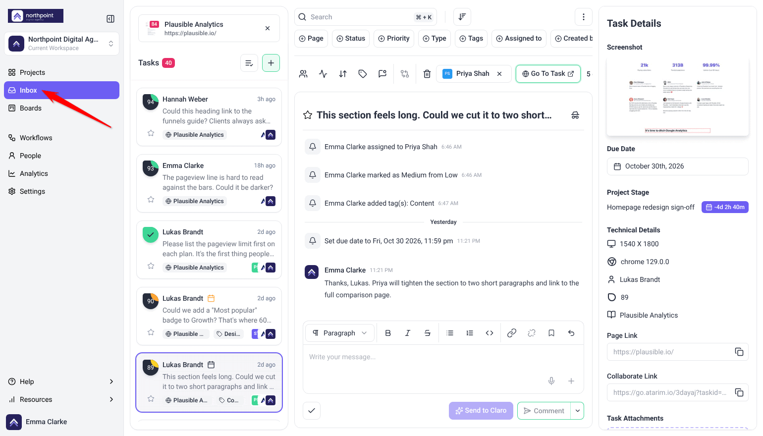 Inbox showing the Plausible Analytics task list beside an open task; the arrow points at Inbox in the sidebar