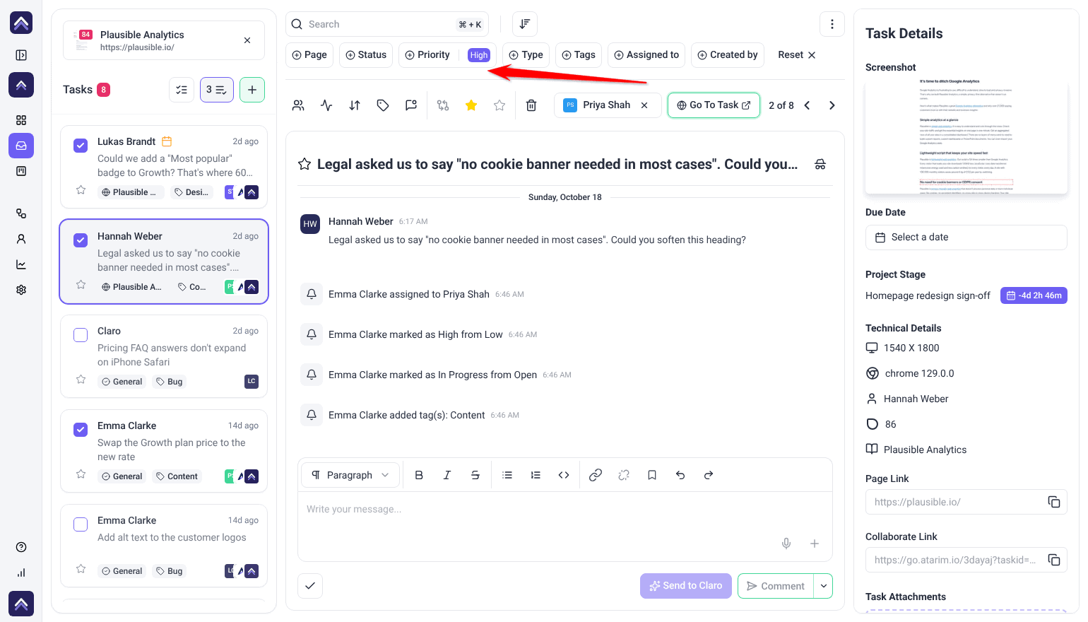 Inbox filtered to Priority High with three tasks ticked for a bulk change; the arrow points at the Priority High filter