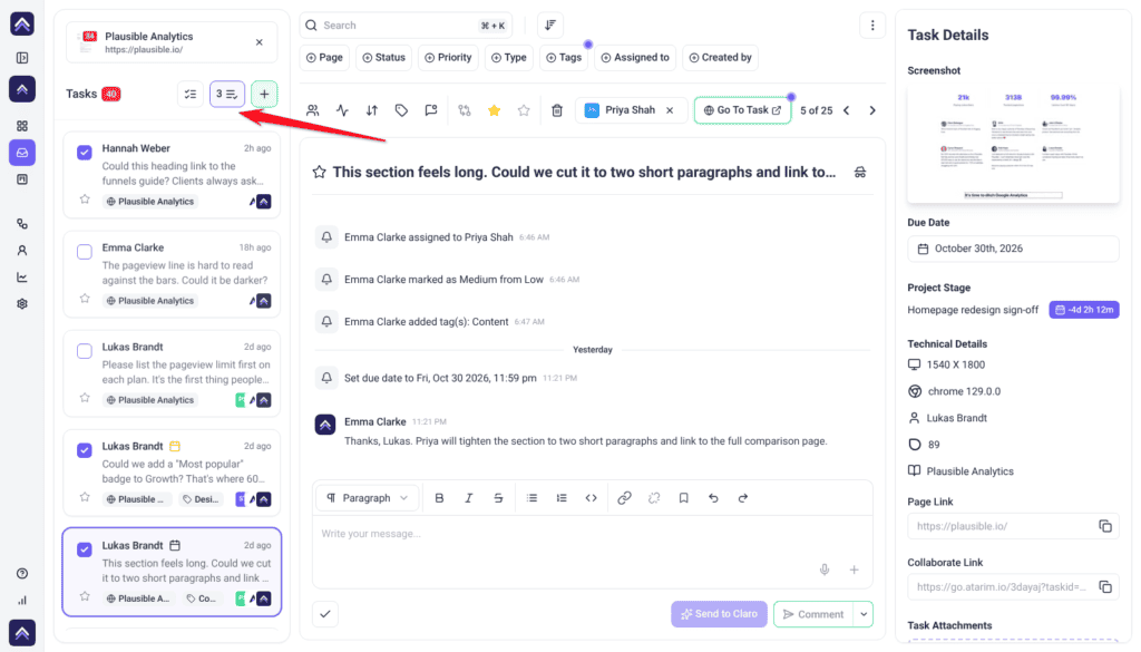 Inbox with Select multiple tasks on and three tasks ticked; the arrow points at the button, now showing 3