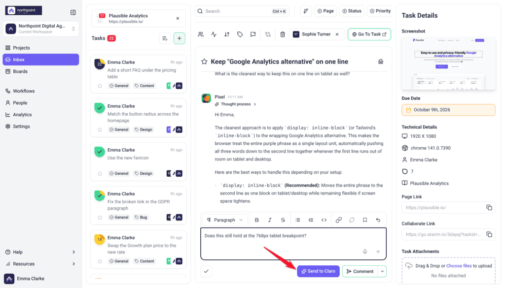 Inbox task thread with Pixel's reply and a typed follow-up, Send to Claro beside the Comment button
