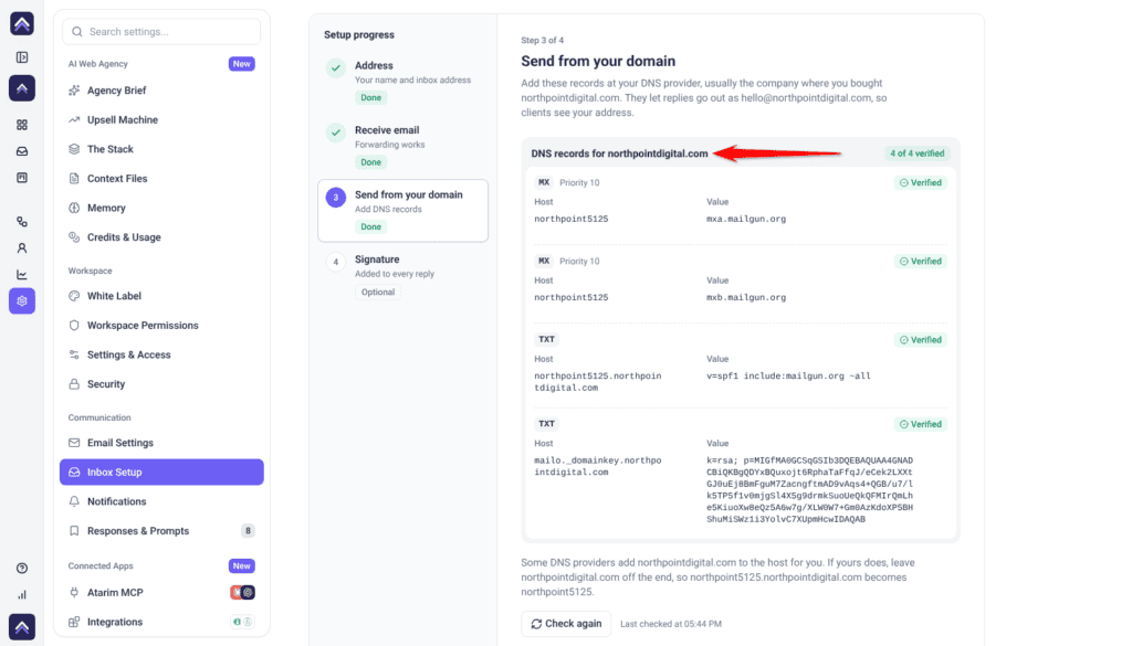 Inbox Setup on Step 3 of 4, Send from your domain, with MX and TXT records marked Verified, arrow on the DNS records heading