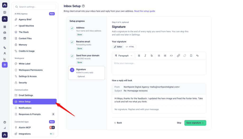 Settings with the red arrow pointing at Inbox Setup under Communication, and the Inbox Setup screen showing Setup progress with Address, Receive email and Send from your domain marked Done.