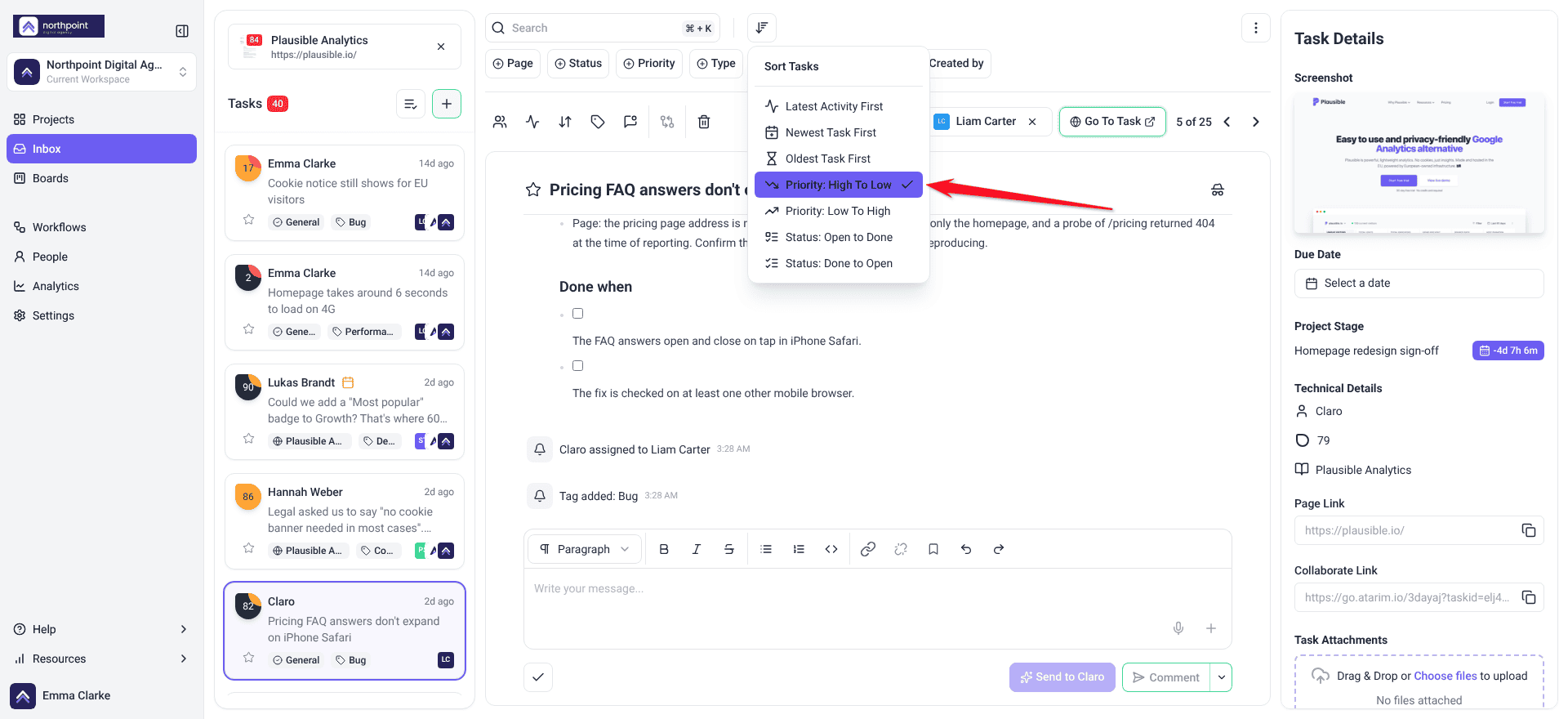 Inbox Sort Tasks menu with Priority: High To Low selected and the two Critical tasks at the top of the list; arrow on the option