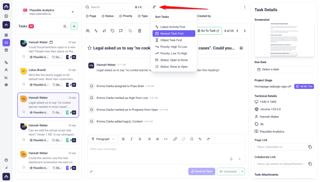 Inbox with the Sort Tasks menu open on Newest Task First, the red arrow pointing at the Sort Tasks button