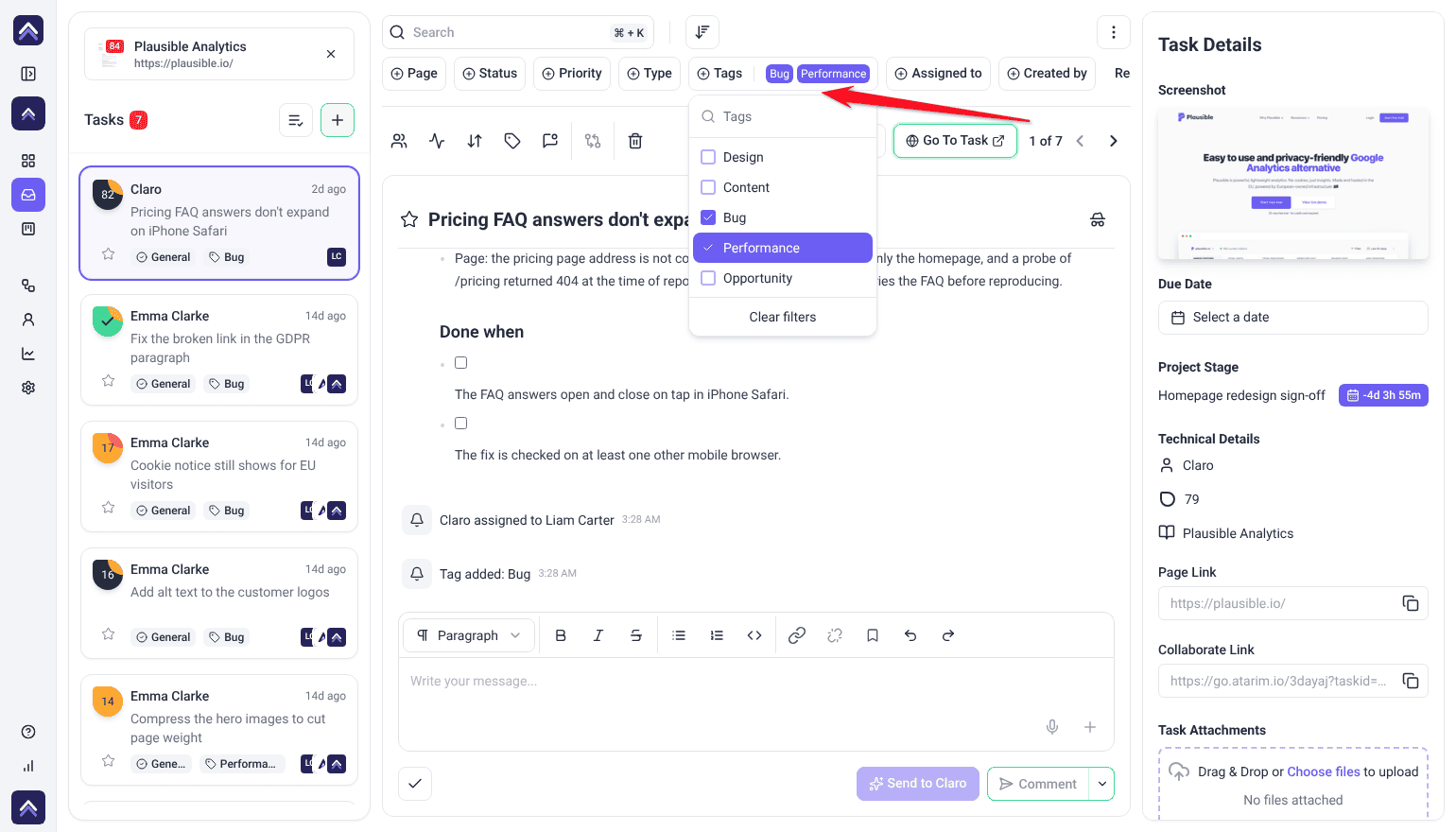 Inbox Tags filter open with Bug and Performance ticked and the task list narrowed to 7 tasks, with the arrow on the Tags filter