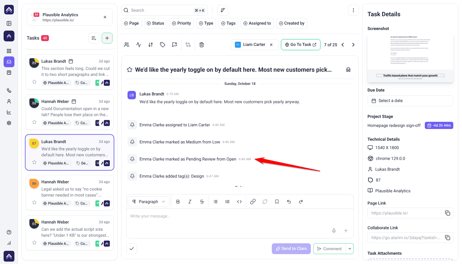 Inbox task thread with status entries; the arrow points at Emma Clarke marked as Pending Review from Open