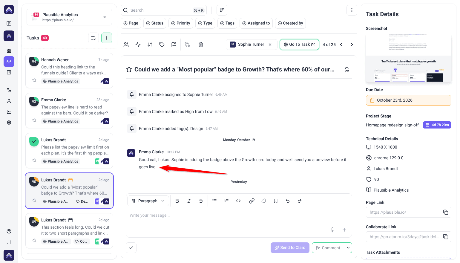 Inbox task assigned to Sophie Turner, with the assignment in its activity and Emma Clarke's reply; the arrow points at the reply