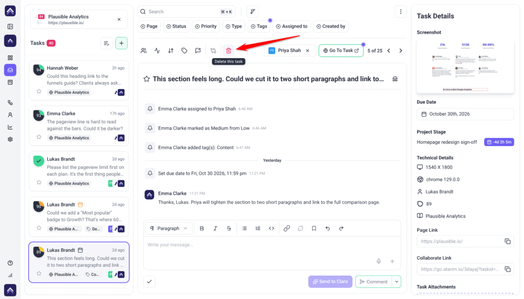 Inbox task toolbar; the arrow points at the trash icon with its tooltip Delete this task