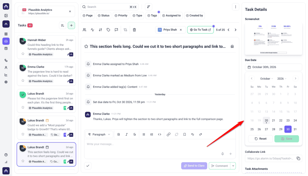 Inbox task with the Due Date picker open under Task Details, with Reset and Save; the arrow points at the picker