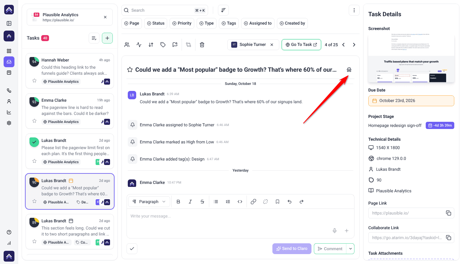 Inbox task with the arrow pointing at the Hide this task from guests & clients button at the right end of the task title
