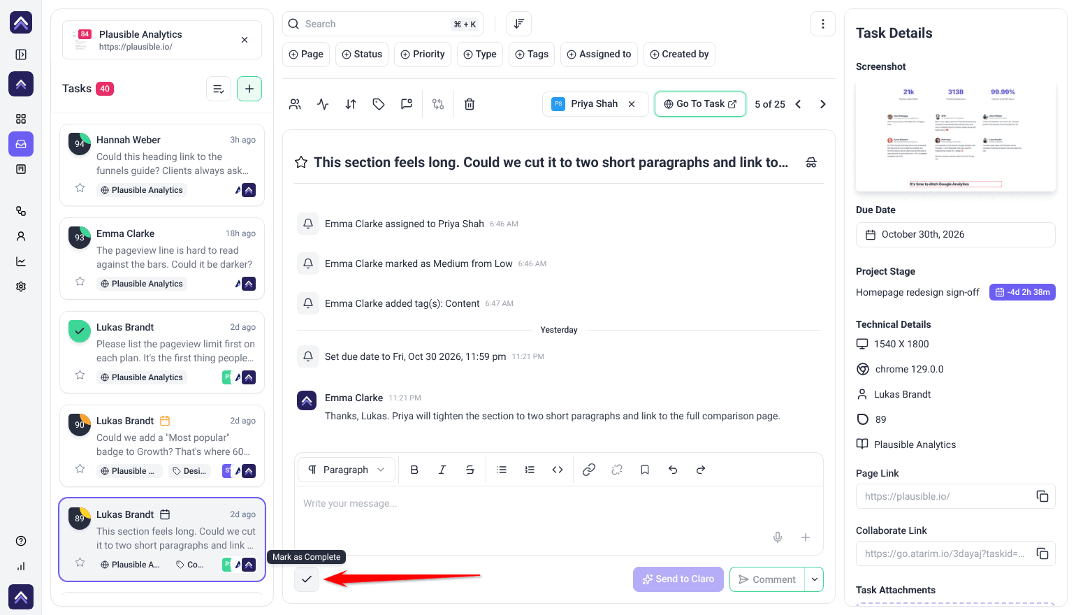 Inbox task with the Mark as Complete tooltip showing; the arrow points at the Mark as Complete button below the message box