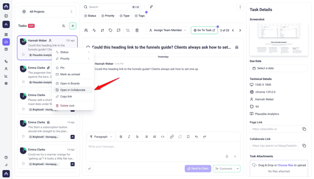 Right-click menu on Hannah Weber's task in the Inbox with the red arrow pointing at Open in Collaborate