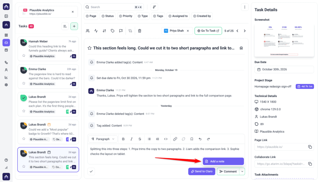 Inbox task with a due date and Content tag, a note listing three steps typed in the message box, and the arrow on Add a note