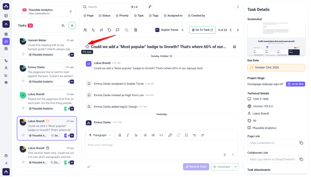 Inbox task with the arrow pointing at the star beside the task title and its Pin task tooltip