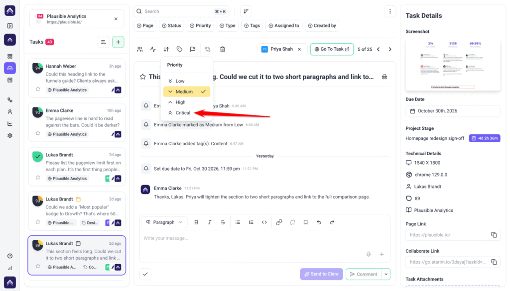 Inbox task with the Priority menu open on Low, Medium, High and Critical; the arrow points at Critical