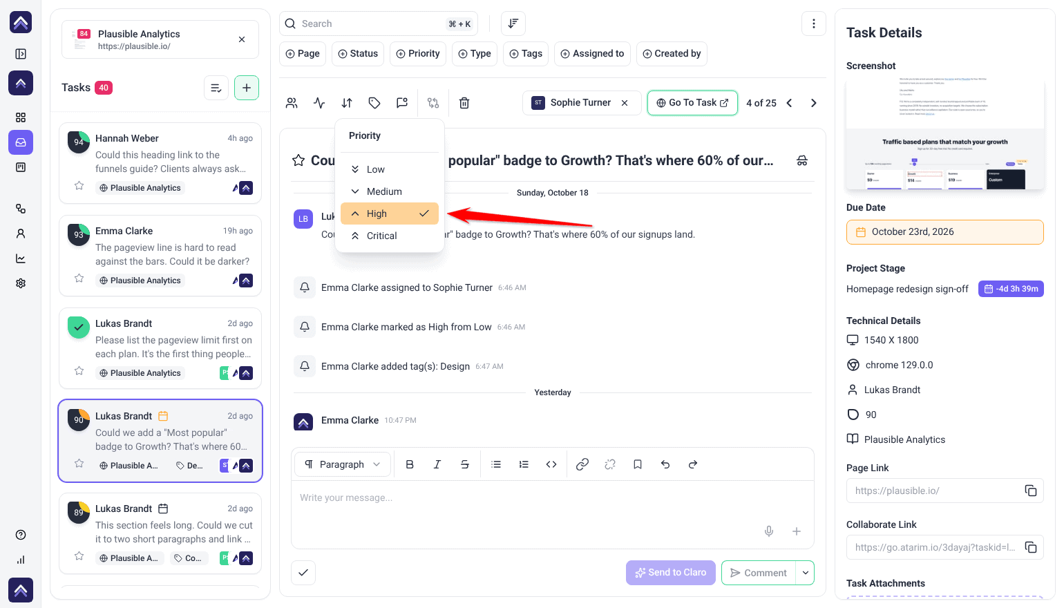 Inbox task with the Priority menu open on Low, Medium, High and Critical, and the arrow pointing at High, the current priority