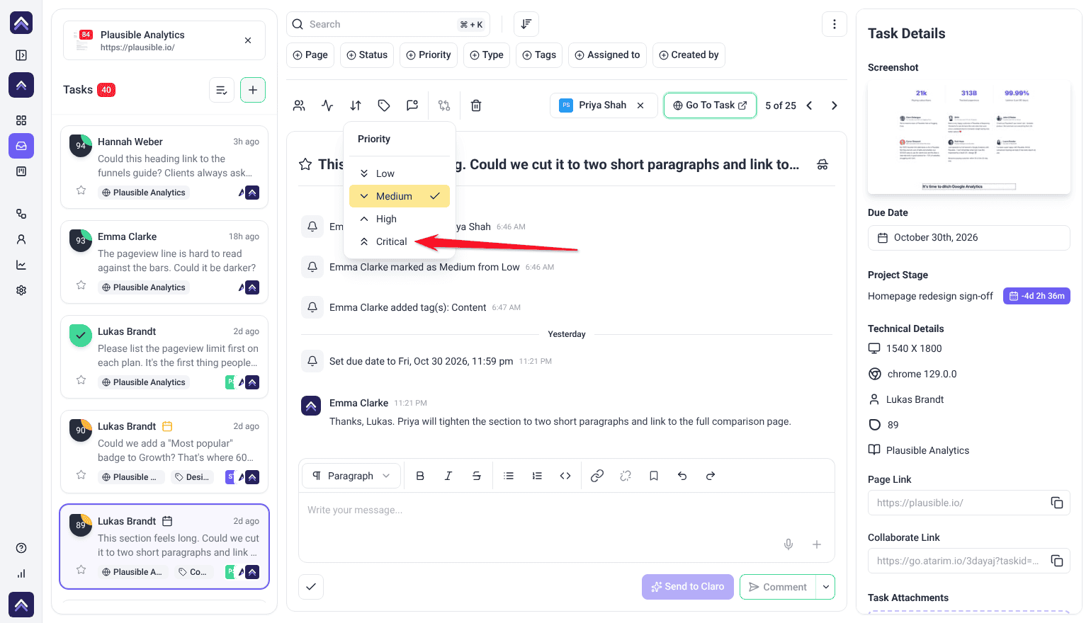 Inbox task with the Priority menu open showing Low, Medium, High and Critical; the arrow points at Critical