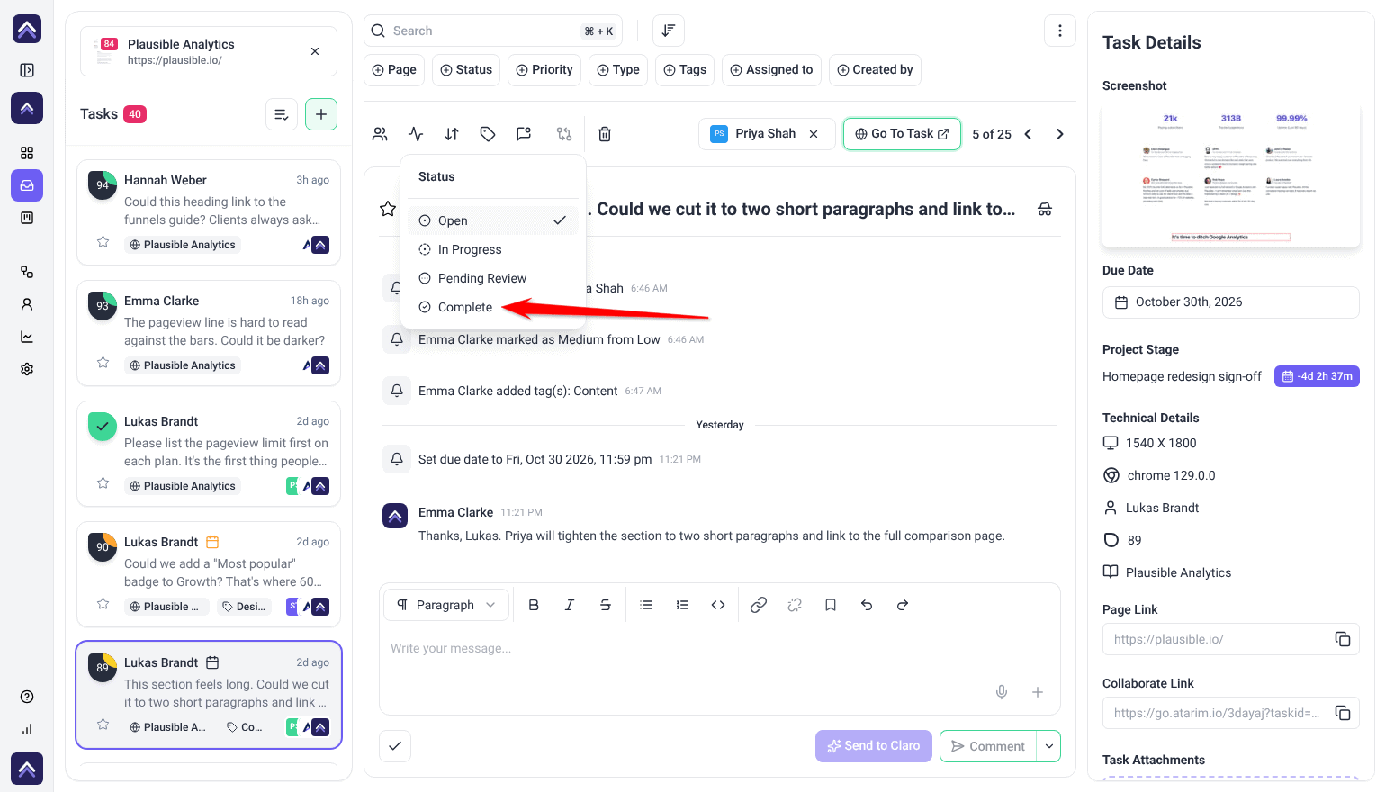 Inbox task with the Status menu open showing Open, In Progress, Pending Review and Complete; the arrow points at Complete