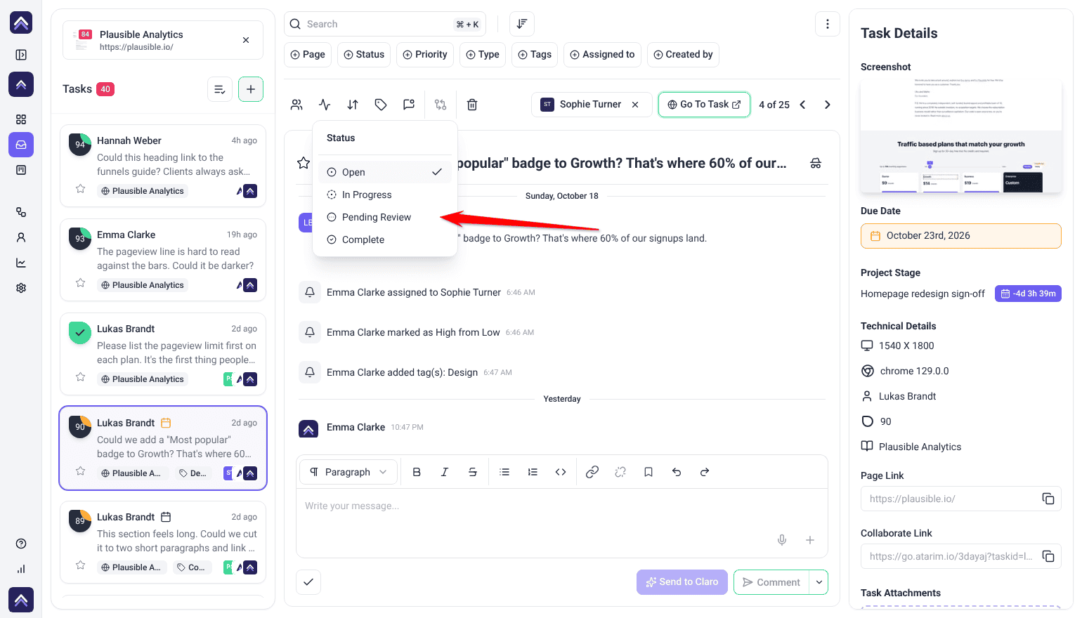 Inbox task with the Status menu open on Open, In Progress, Pending Review and Complete, and the arrow pointing at Pending Review