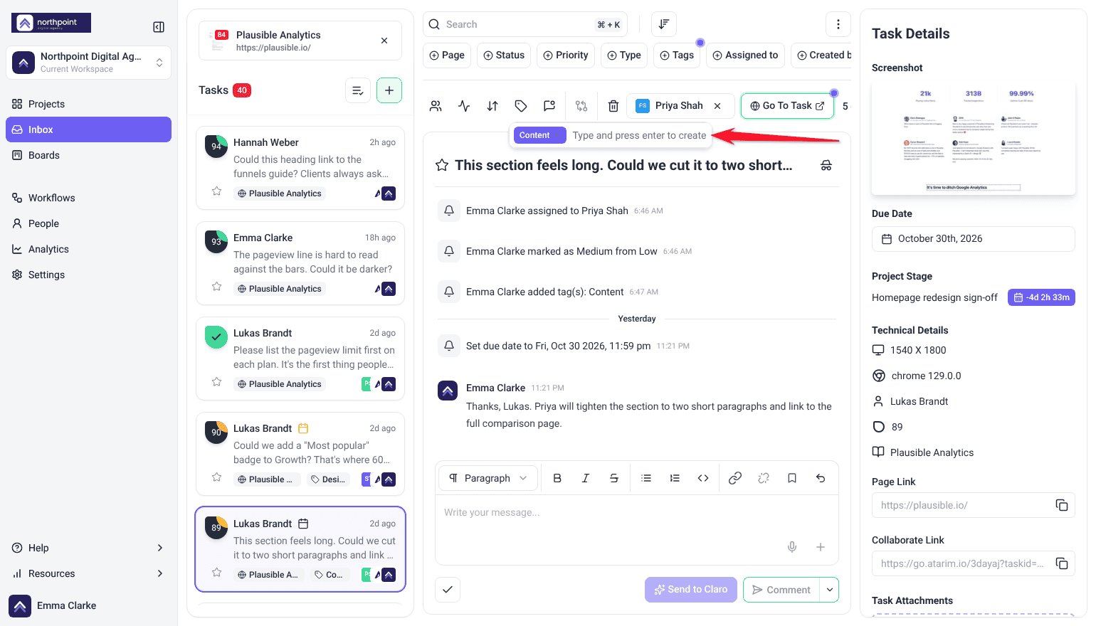 Inbox task from Lukas Brandt with the tag picker open under the Tags button, showing the Content tag, and the red arrow pointing at the picker.