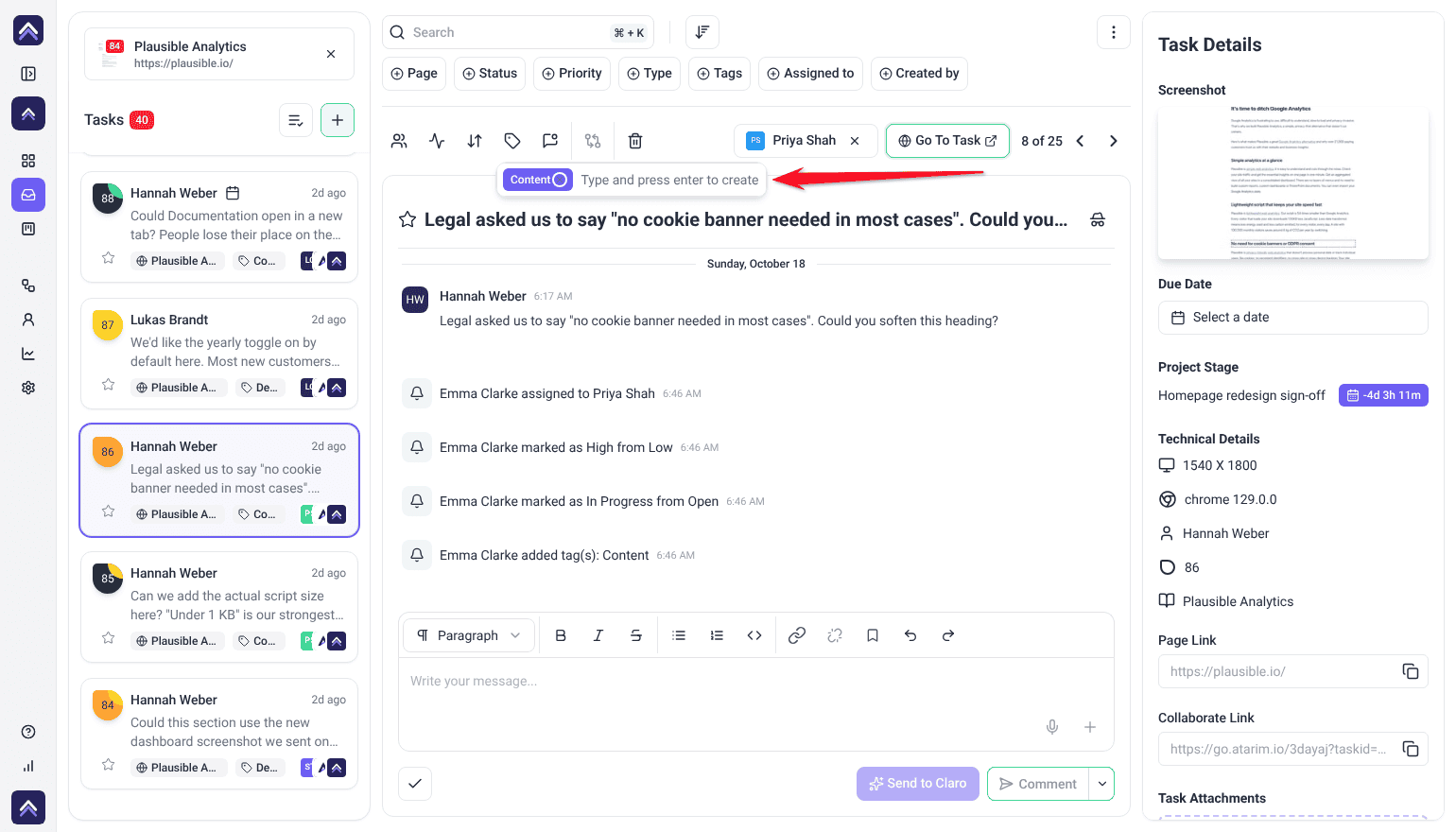 Inbox task with the tags popover open, showing the Content tag and the tag field; the arrow points at the popover