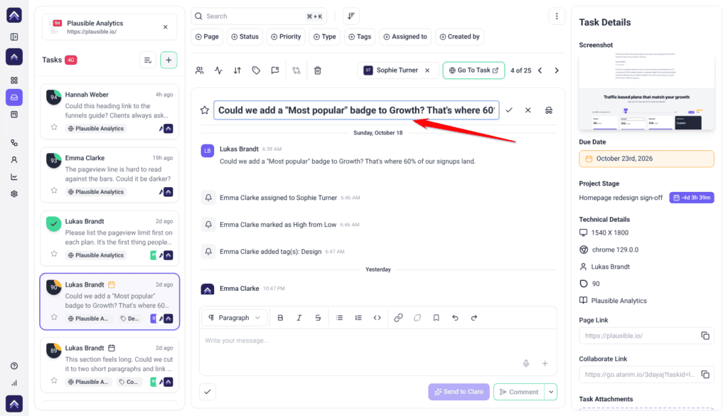Inbox task title open for editing in place, with the tick and cross buttons beside it and the arrow pointing at the title field