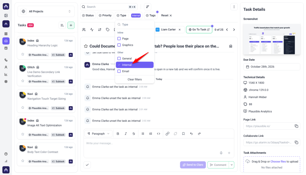 Inbox Type filter open with Internal selected under Other