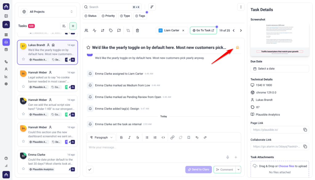 Inbox task marked internal, with the control now reading Unset internal task