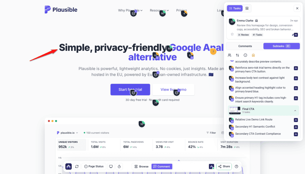 Index's keyword-led heading, Simple, privacy-friendly Google Analytics alternative, previewed in place with Show me