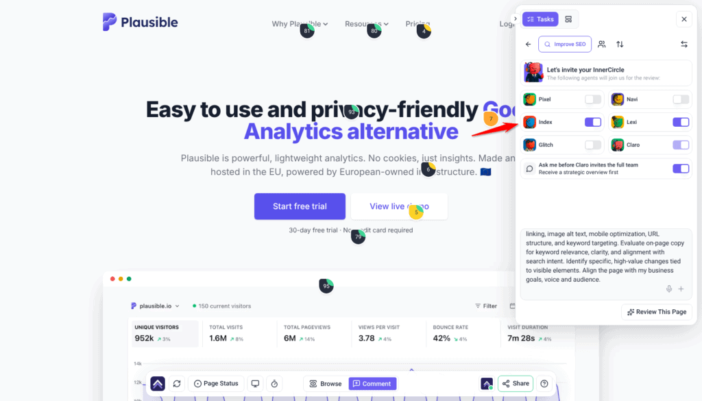 Review panel after choosing Improve SEO, with Index and Lexi switched on and the SEO description filled in