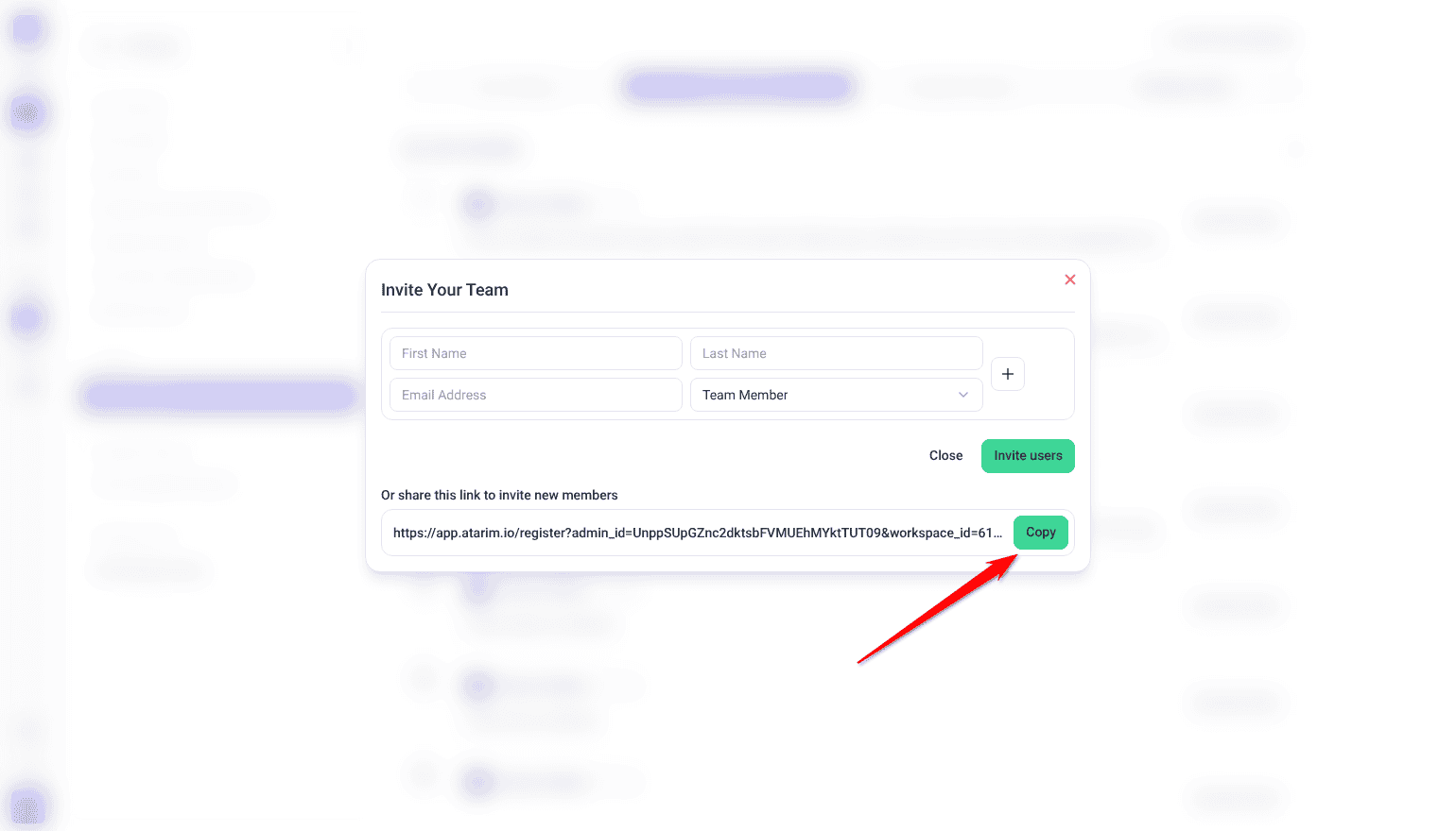 Invite Your Team window with the shareable invite link at the bottom, arrow pointing at Copy