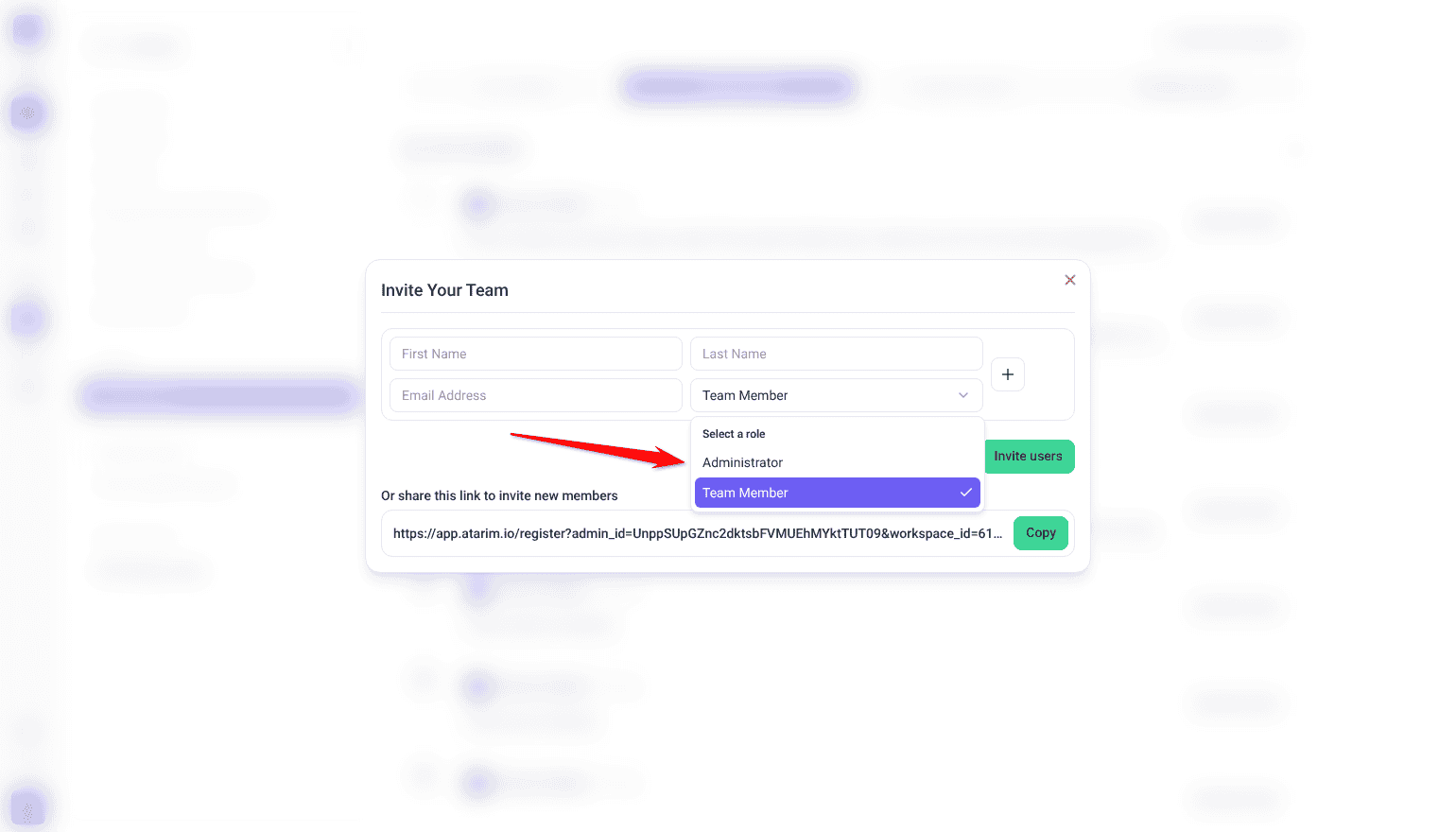 Invite Your Team window with the role dropdown open, arrow pointing at Administrator above Team Member