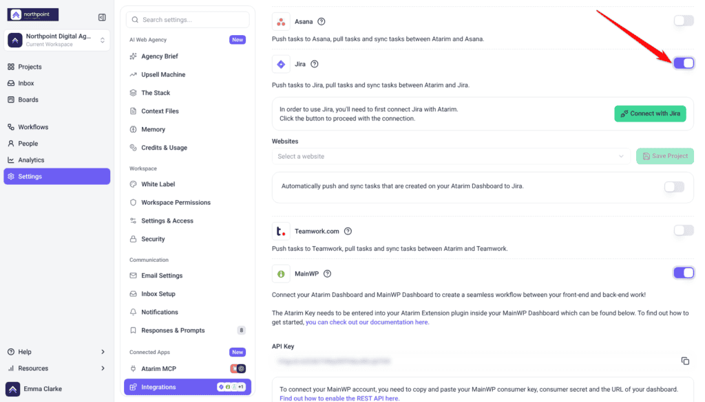 Jira card switched on, explaining Jira must be connected first, with Connect with Jira and the arrow on the Jira toggle