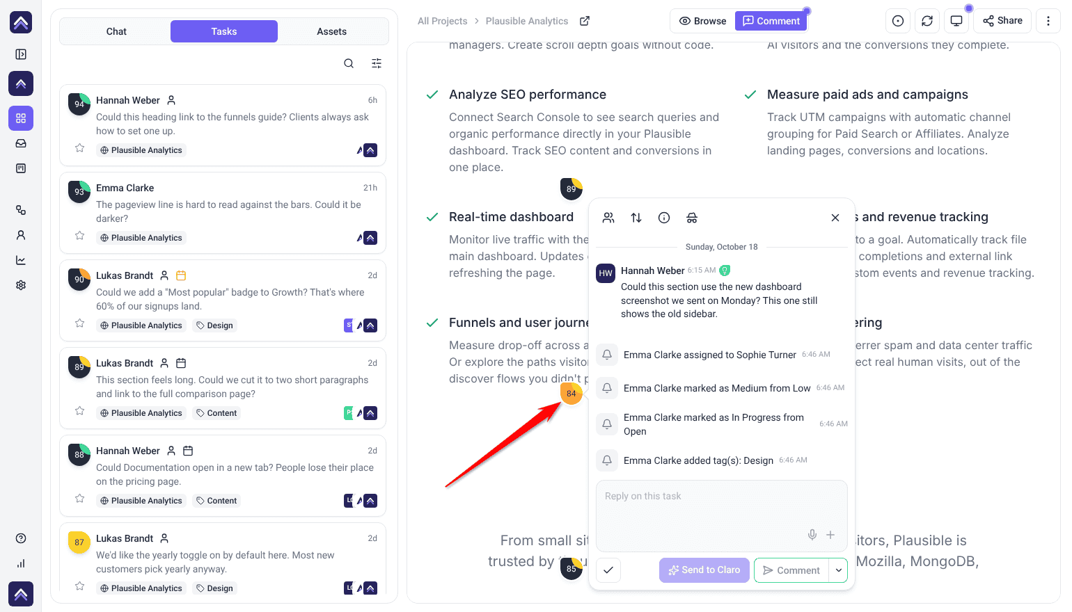 Hannah Weber's comment open in Collaborate beside its numbered marker on the Plausible page, with the task thread and Tasks list
