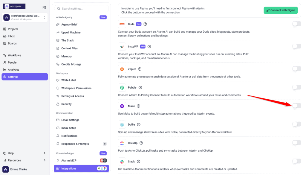 Integration Settings list with Zapier, Pabbly and Make switched off, arrow on the Make switch