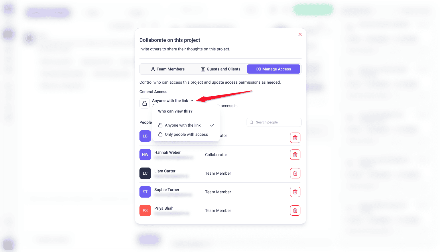 Manage Access tab with the General Access menu open on Anyone with the link and Only people with access, arrow on the menu