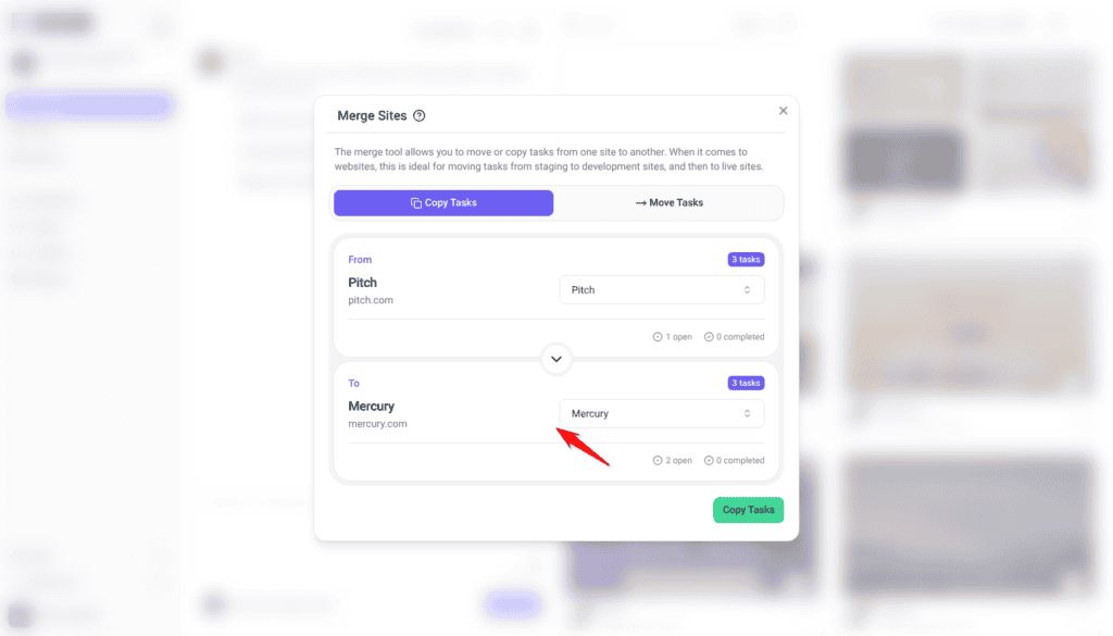 Merge Sites modal on Copy Tasks with Pitch in the From card and Mercury in the To card, the red arrow pointing at the To selector.