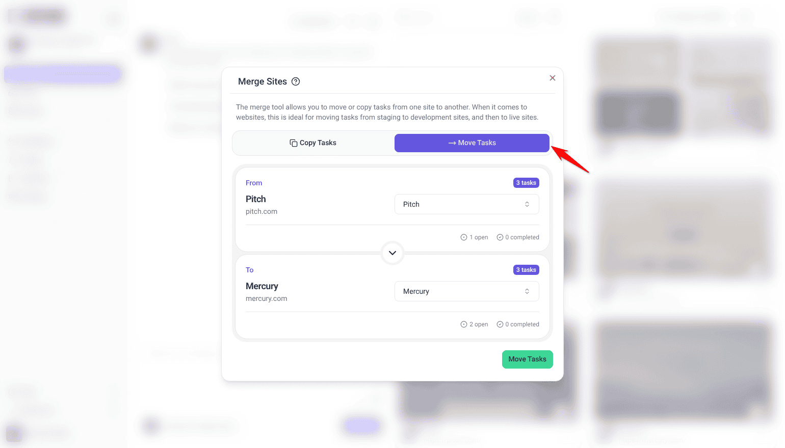 Merge Sites modal with Move Tasks selected, Pitch in the From card, Mercury in the To card and the Move Tasks button at the bottom right, with a red arrow pointing at the Move Tasks option